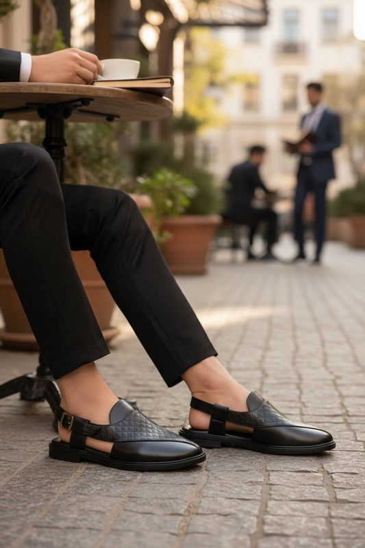 Handcrafted Royal Black Textured Norozi Peshawari with Elastic Kaptaan Buckle & Elevated Ethnic High Heels