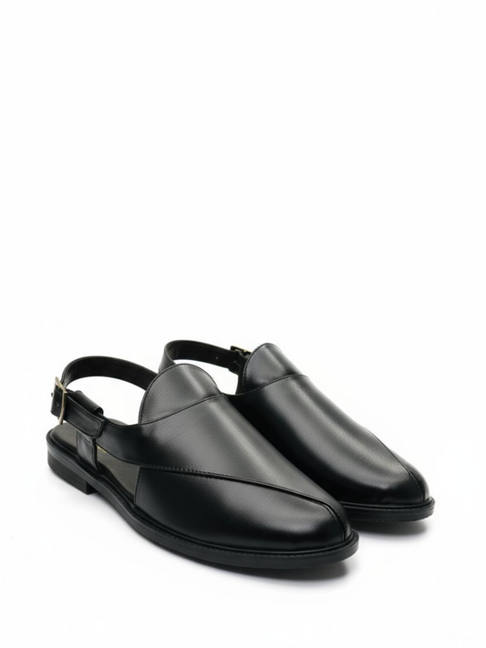 (Copy) Handcrafted Royal Black Textured Norozi Peshawari with Elastic Kaptaan Buckle & Elevated Ethnic High Heels