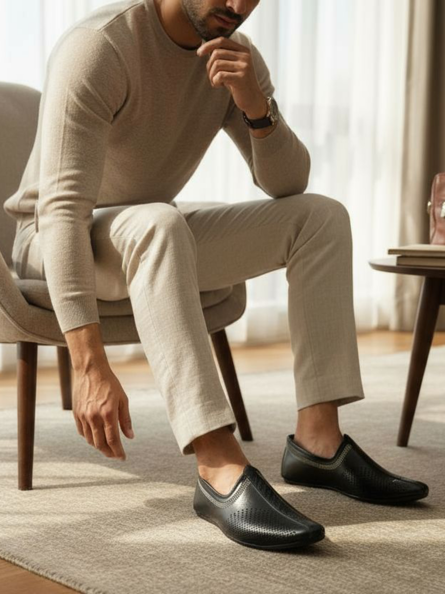 Grey embroidery black juttis for men from the house of seefashion.