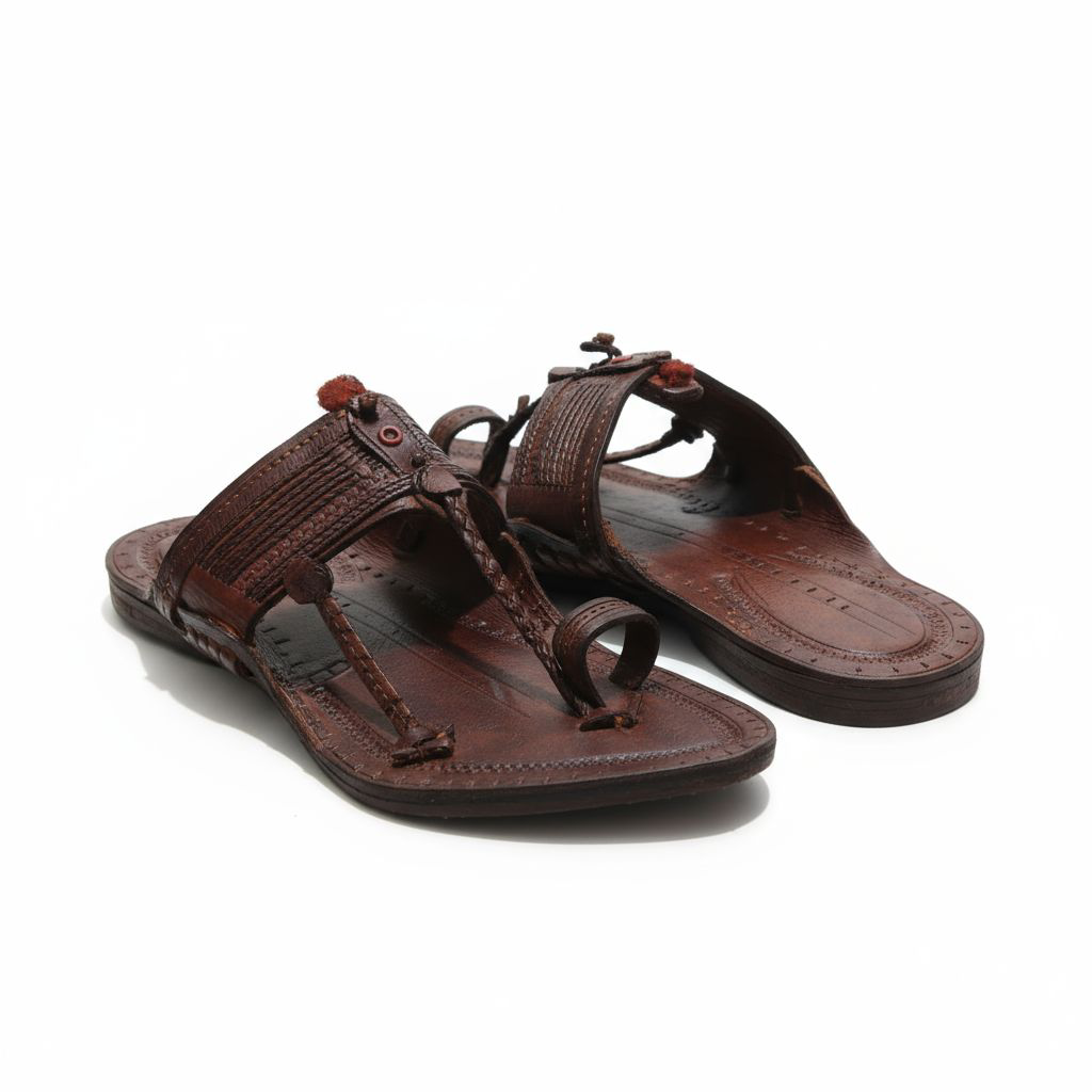 Handcrafted luxury Kolhapuri Pom-Pom Toe Ring Chappal – Mahogany Brown