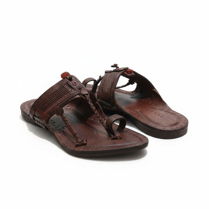 Handcrafted luxury Kolhapuri Pom-Pom Toe Ring Chappal – Mahogany Brown