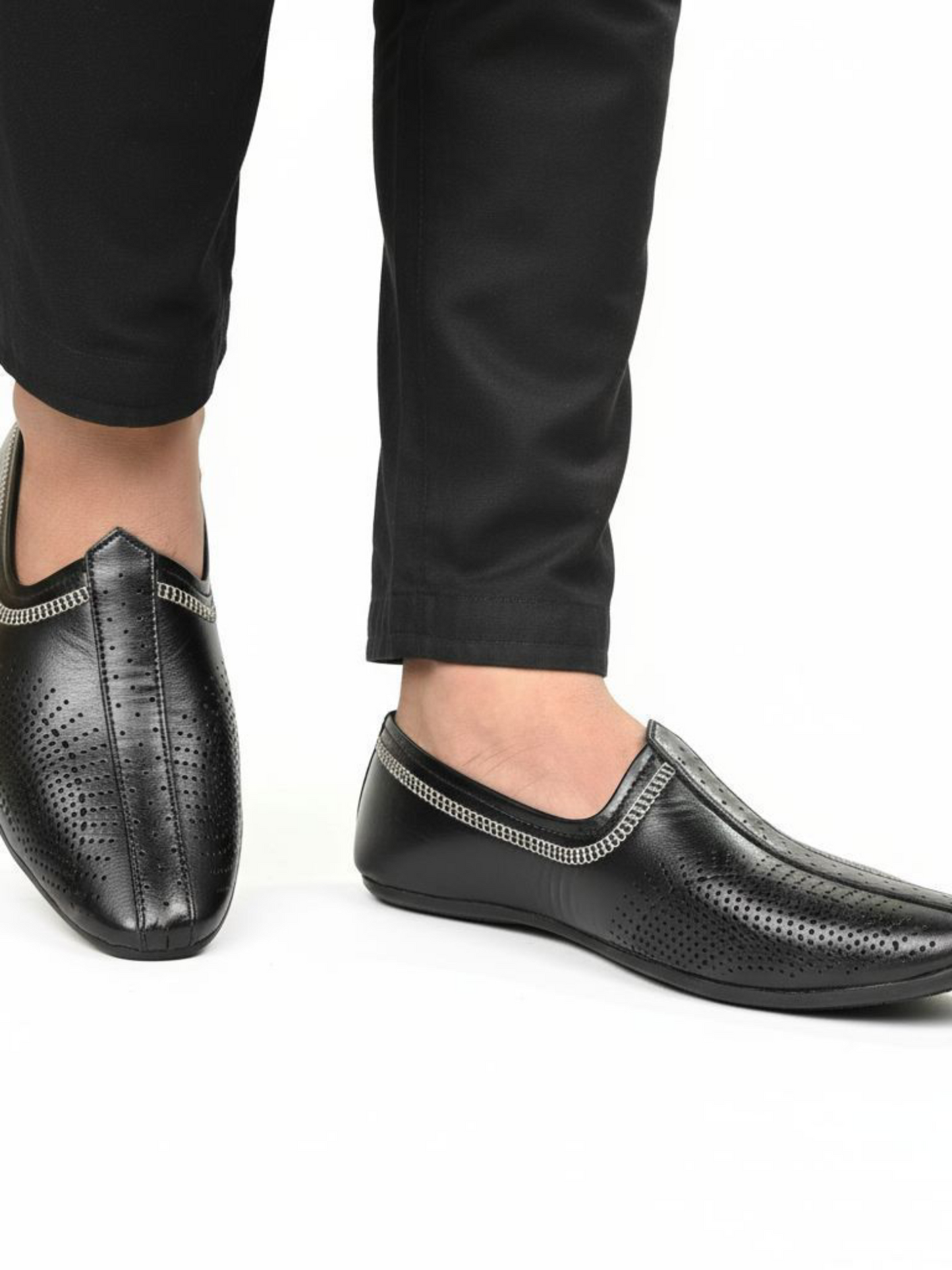 Grey embroidery black juttis for men from the house of seefashion.