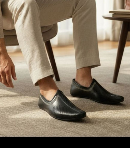 Grey Perforated Black Leather Mojari – Midnight Elegance