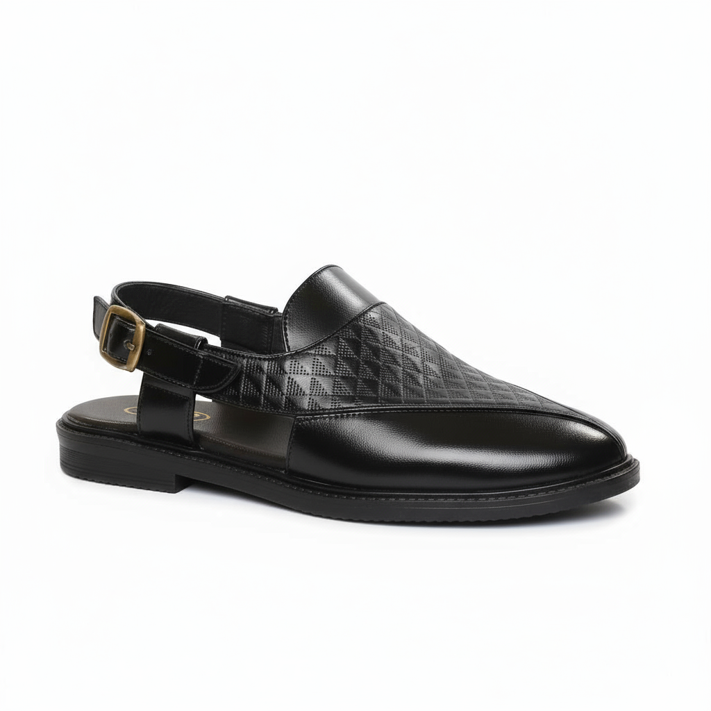 Handcrafted Royal Black Textured Norozi Peshawari with Elastic Kaptaan Buckle & Elevated Ethnic High Heels