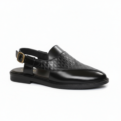 Handcrafted Royal Black Textured Norozi Peshawari with Elastic Kaptaan Buckle & Elevated Ethnic High Heels