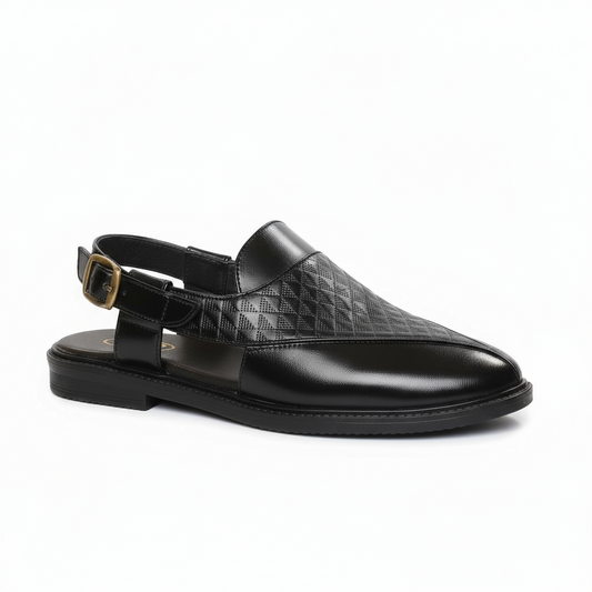 Handcrafted Royal Black Textured Norozi Peshawari with Elastic Kaptaan Buckle & Elevated Ethnic High Heels