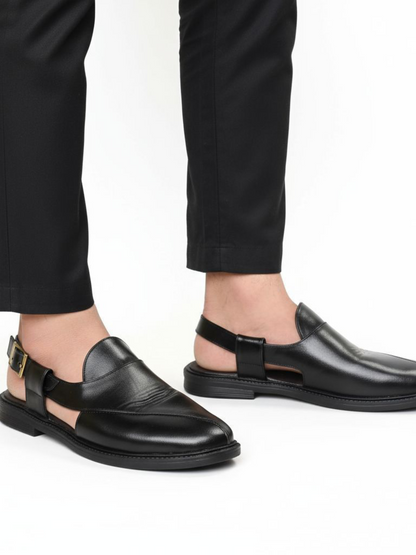 (Copy) Handcrafted Royal Black Textured Norozi Peshawari with Elastic Kaptaan Buckle & Elevated Ethnic High Heels