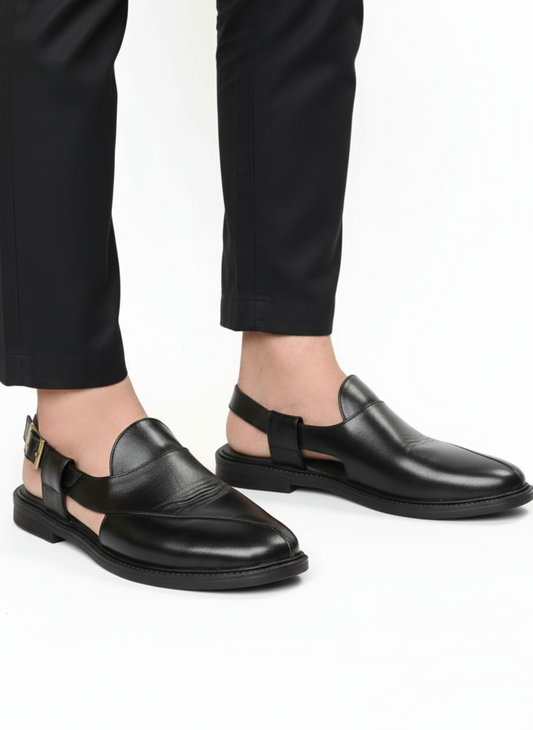 (Copy) Handcrafted Royal Black Textured Norozi Peshawari with Elastic Kaptaan Buckle & Elevated Ethnic High Heels