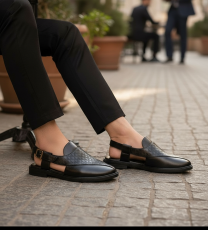 Handcrafted Royal Black Textured Norozi Peshawari with Elastic Kaptaan Buckle & Elevated Ethnic High Heels