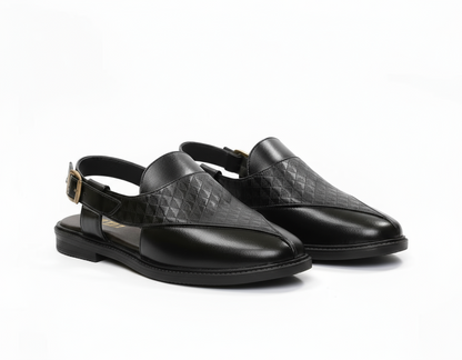 Handcrafted Royal Black Textured Norozi Peshawari with Elastic Kaptaan Buckle & Elevated Ethnic High Heels