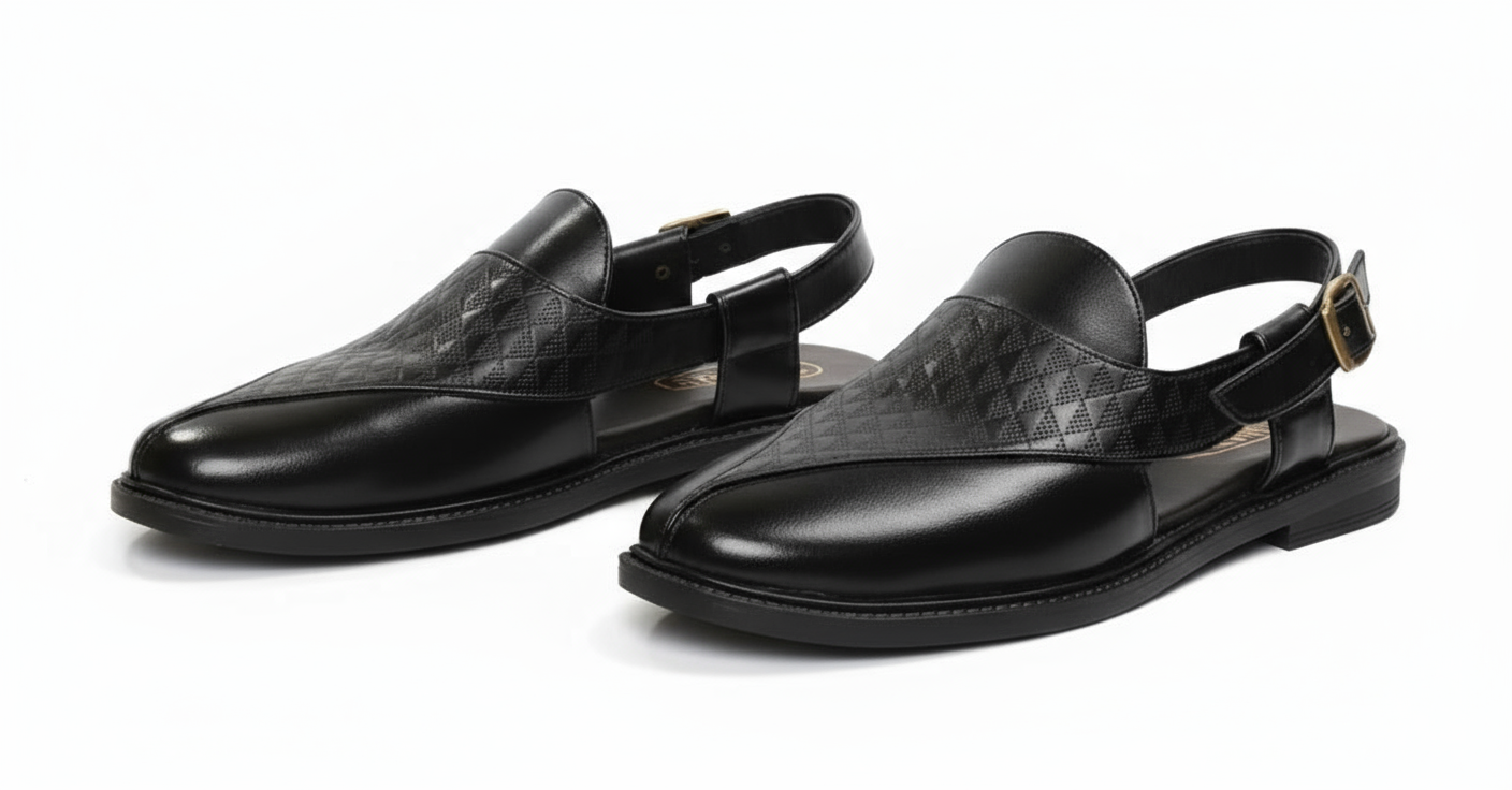 Handcrafted Royal Black Textured Norozi Peshawari with Elastic Kaptaan Buckle & Elevated Ethnic High Heels