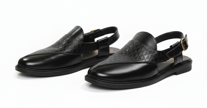 Handcrafted Royal Black Textured Norozi Peshawari with Elastic Kaptaan Buckle & Elevated Ethnic High Heels