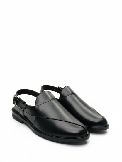 (Copy) Handcrafted Royal Black Textured Norozi Peshawari with Elastic Kaptaan Buckle & Elevated Ethnic High Heels