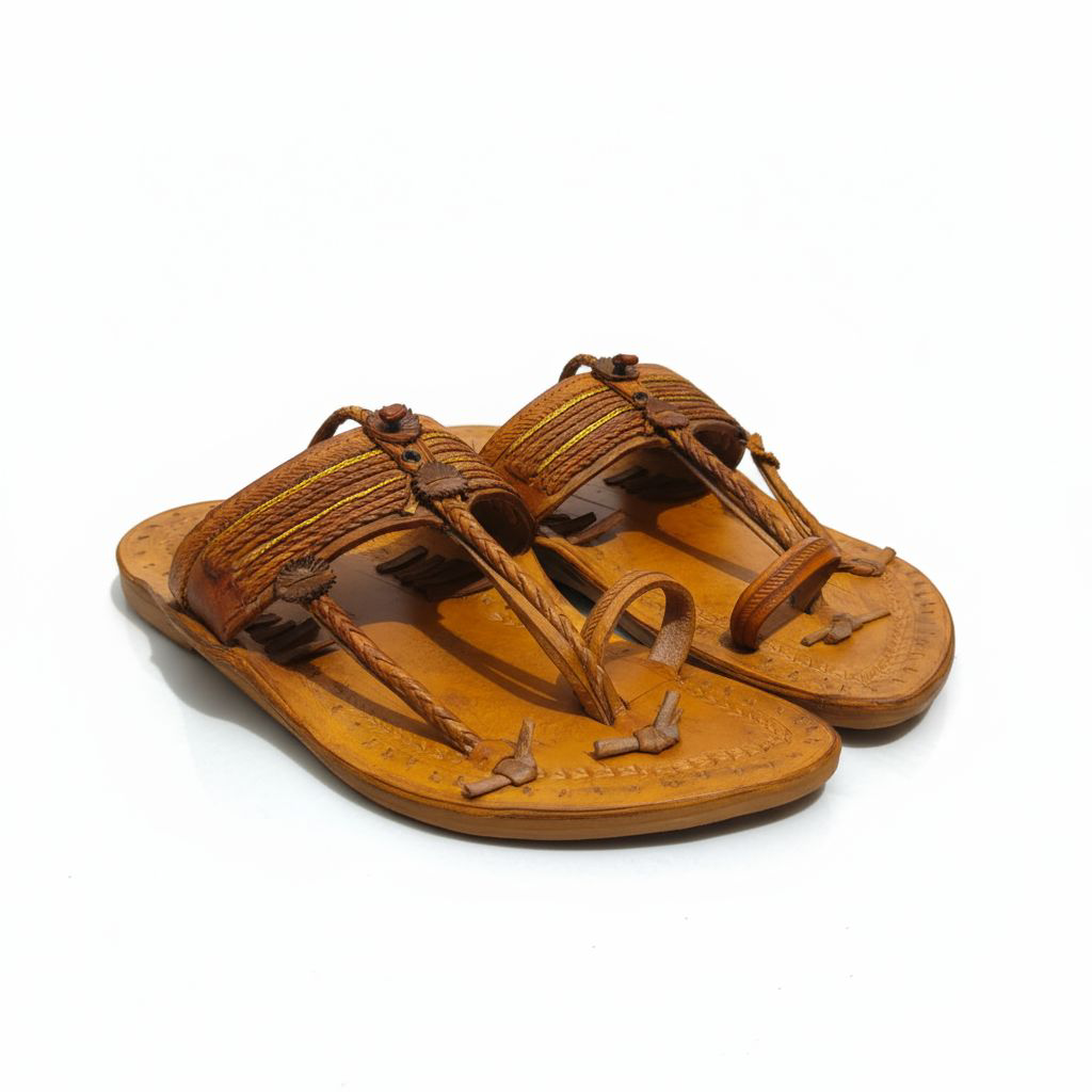 Handcrafted Kolhapuri Floral Toe Ring Chappal - Tan Leather