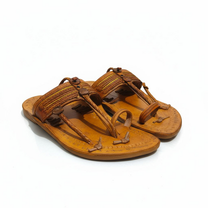 Handcrafted Kolhapuri Floral Toe Ring Chappal - Tan Leather