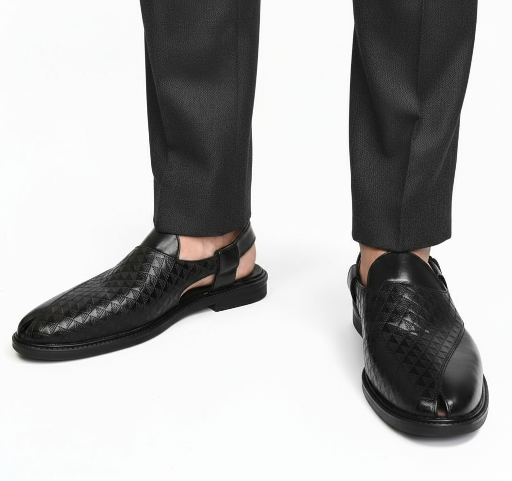 Handcrafted Royal Black Textured Norozi Peshawari with Elastic Kaptaan Buckle & Elevated Ethnic High Heels