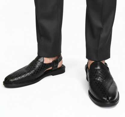 Handcrafted Royal Black Textured Norozi Peshawari with Elastic Kaptaan Buckle & Elevated Ethnic High Heels