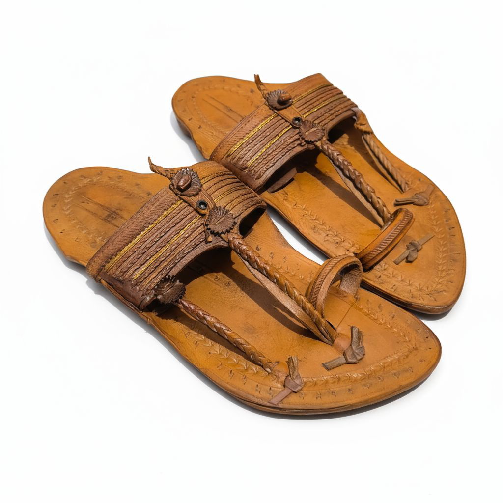 Handcrafted Kolhapuri Floral Toe Ring Chappal - Tan Leather