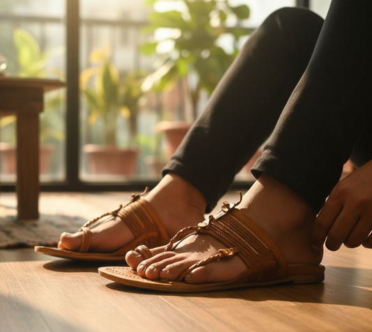 Handcrafted Kolhapuri Floral Toe Ring Chappal - Tan Leather
