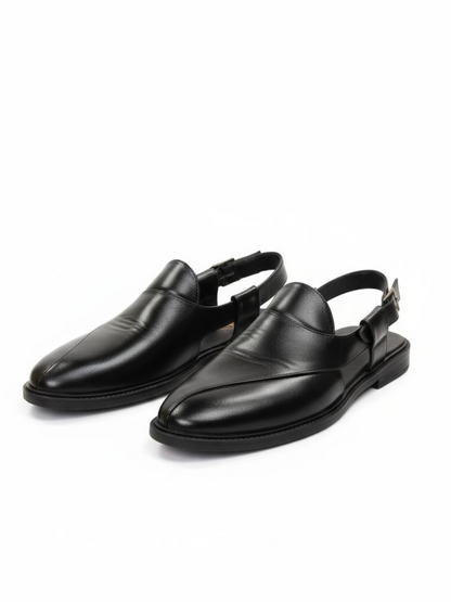 (Copy) Handcrafted Royal Black Textured Norozi Peshawari with Elastic Kaptaan Buckle & Elevated Ethnic High Heels