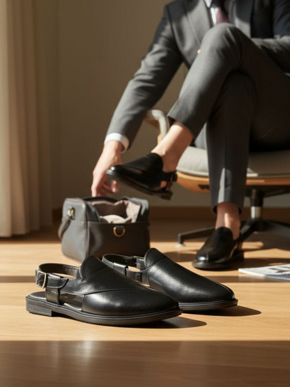 (Copy) Handcrafted Royal Black Textured Norozi Peshawari with Elastic Kaptaan Buckle & Elevated Ethnic High Heels