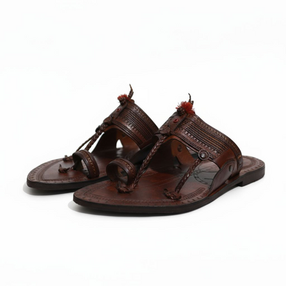 Handcrafted luxury Kolhapuri Pom-Pom Toe Ring Chappal – Mahogany Brown