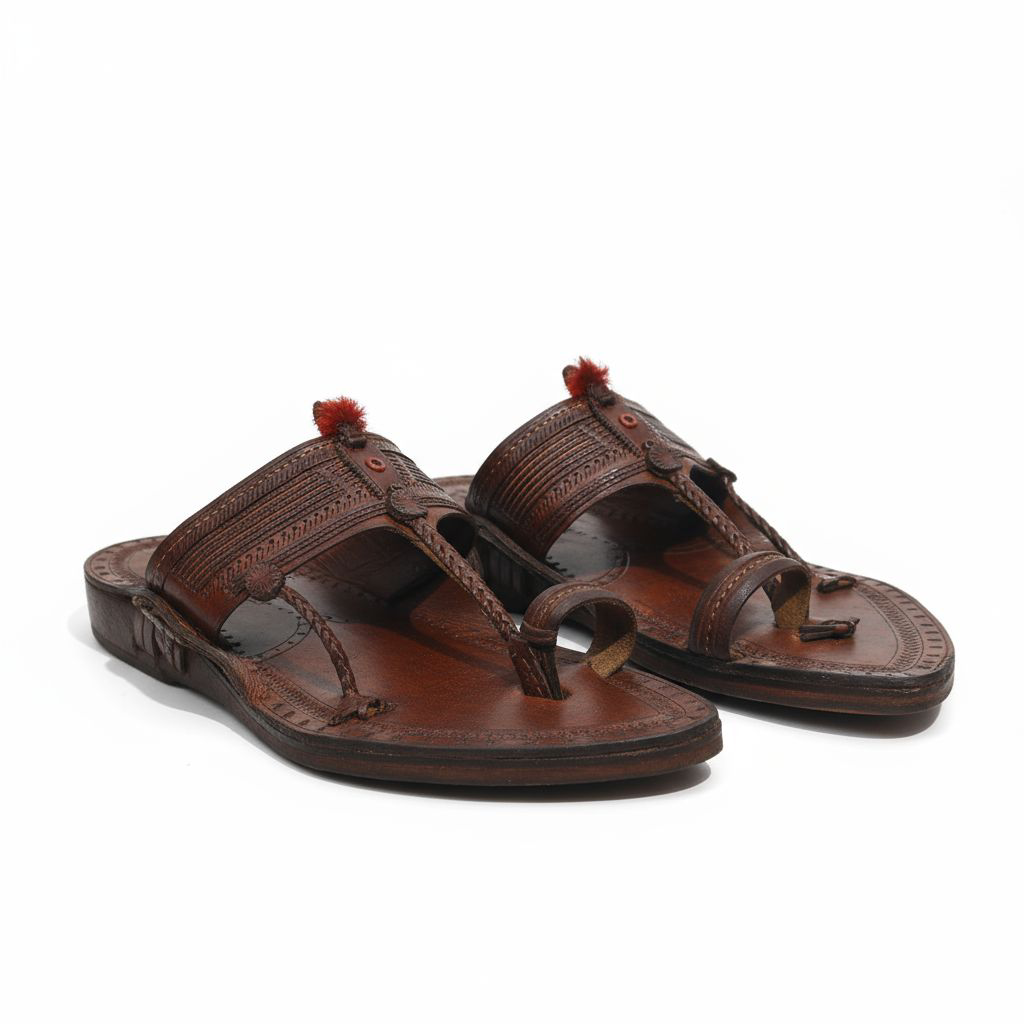 Handcrafted luxury Kolhapuri Pom-Pom Toe Ring Chappal – Mahogany Brown