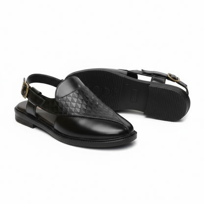 Handcrafted Royal Black Textured Norozi Peshawari with Elastic Kaptaan Buckle & Elevated Ethnic High Heels